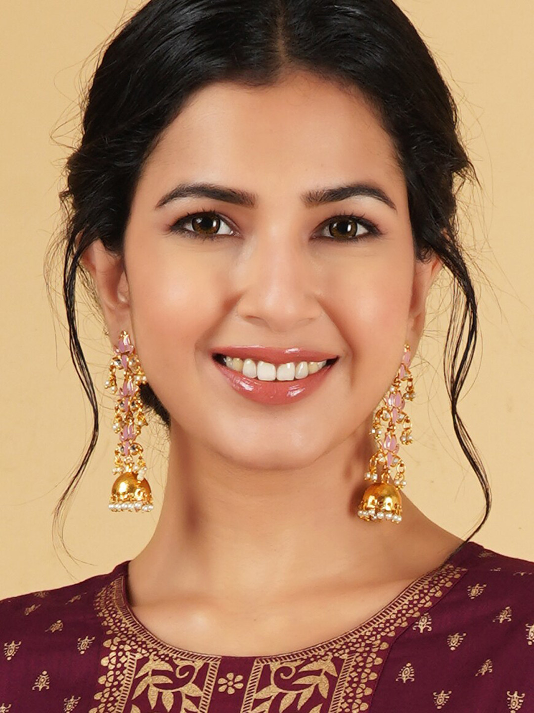 

Sanjog Gold-Plated Peach-Coloured Floral Jhumkas Earrings