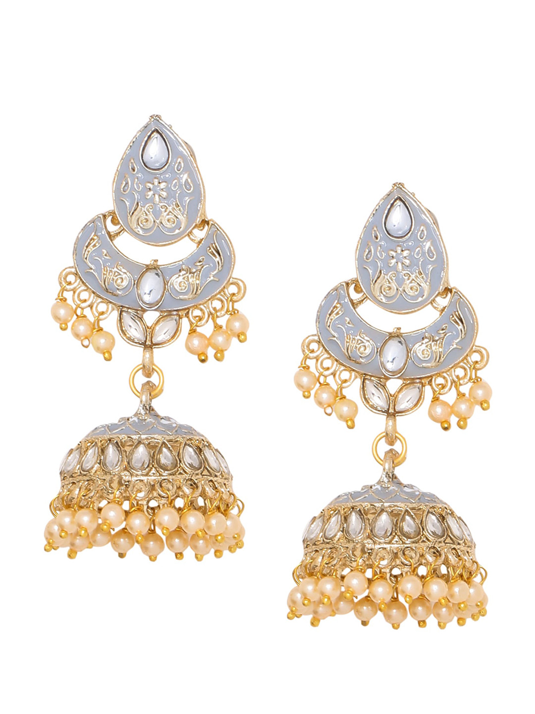

Sanjog Blue & Cream Gold-Plated Dome Shaped Artificial Stones Jhumkas Earrings