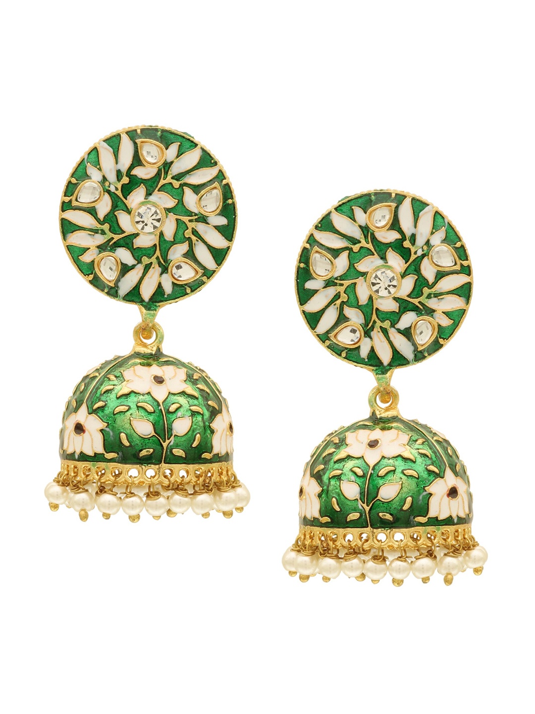 

Sanjog Green & Cream Gold-Plated Dome Shaped Jhumkas Earrings