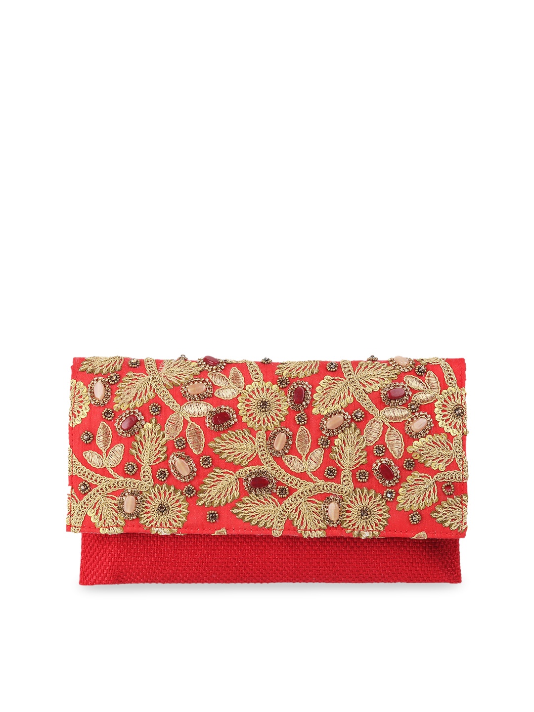 

Metro Red & Gold-Toned Embroidered Envelope Clutch