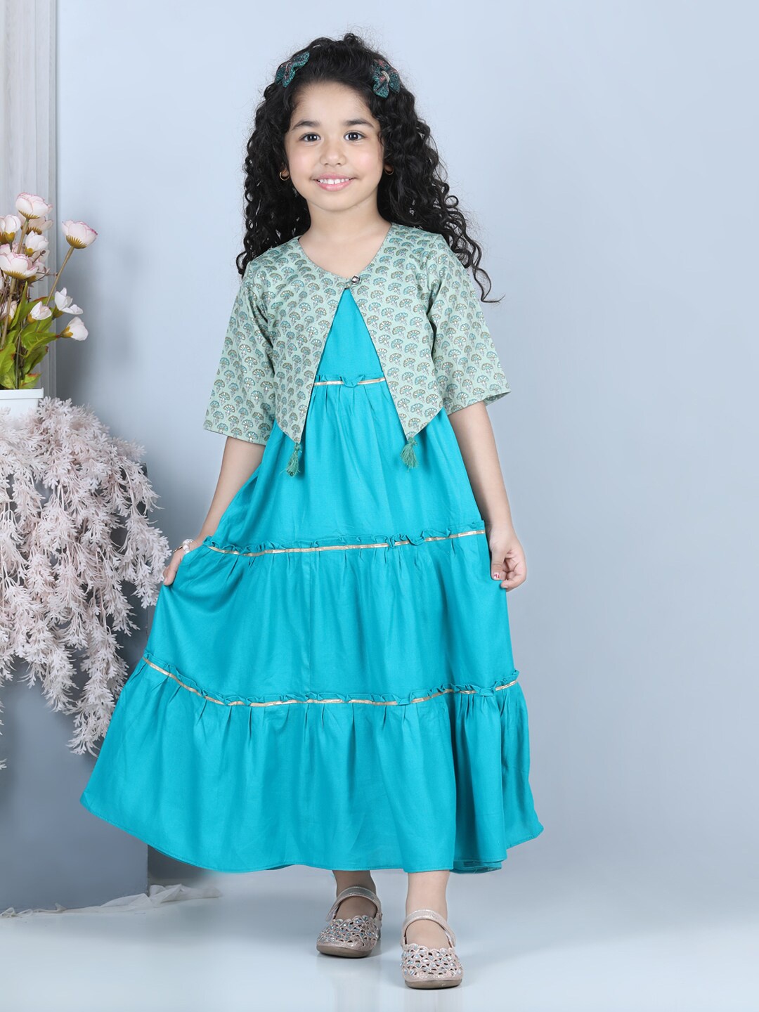 

Kinder Kids Blue Layered Maxi Dress With Printed Jacket