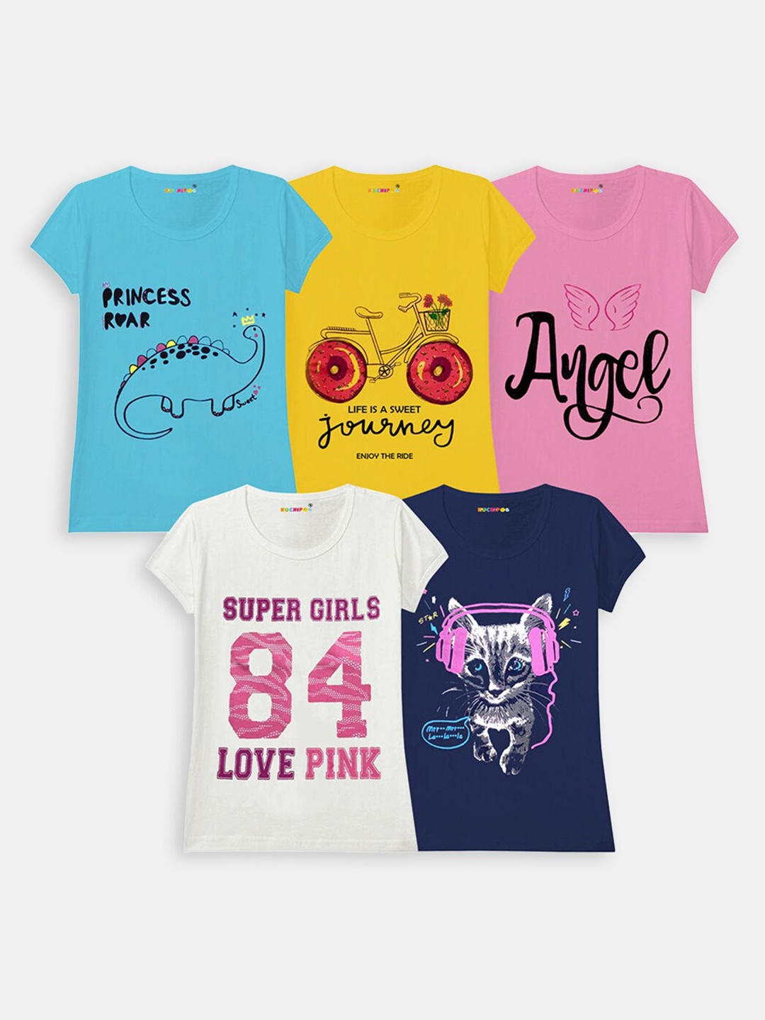 

Hopscotch Girls Set Of 5 Blue & Yellow Typography Printed Cotton T-shirt