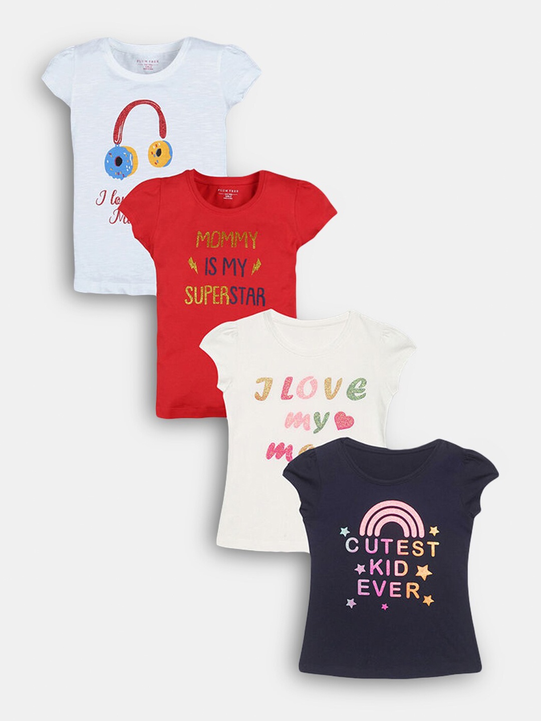 

Hopscotch Girls Pack Of 4 Navy Blue & Red Typography Printed Pure Cotton T-shirt