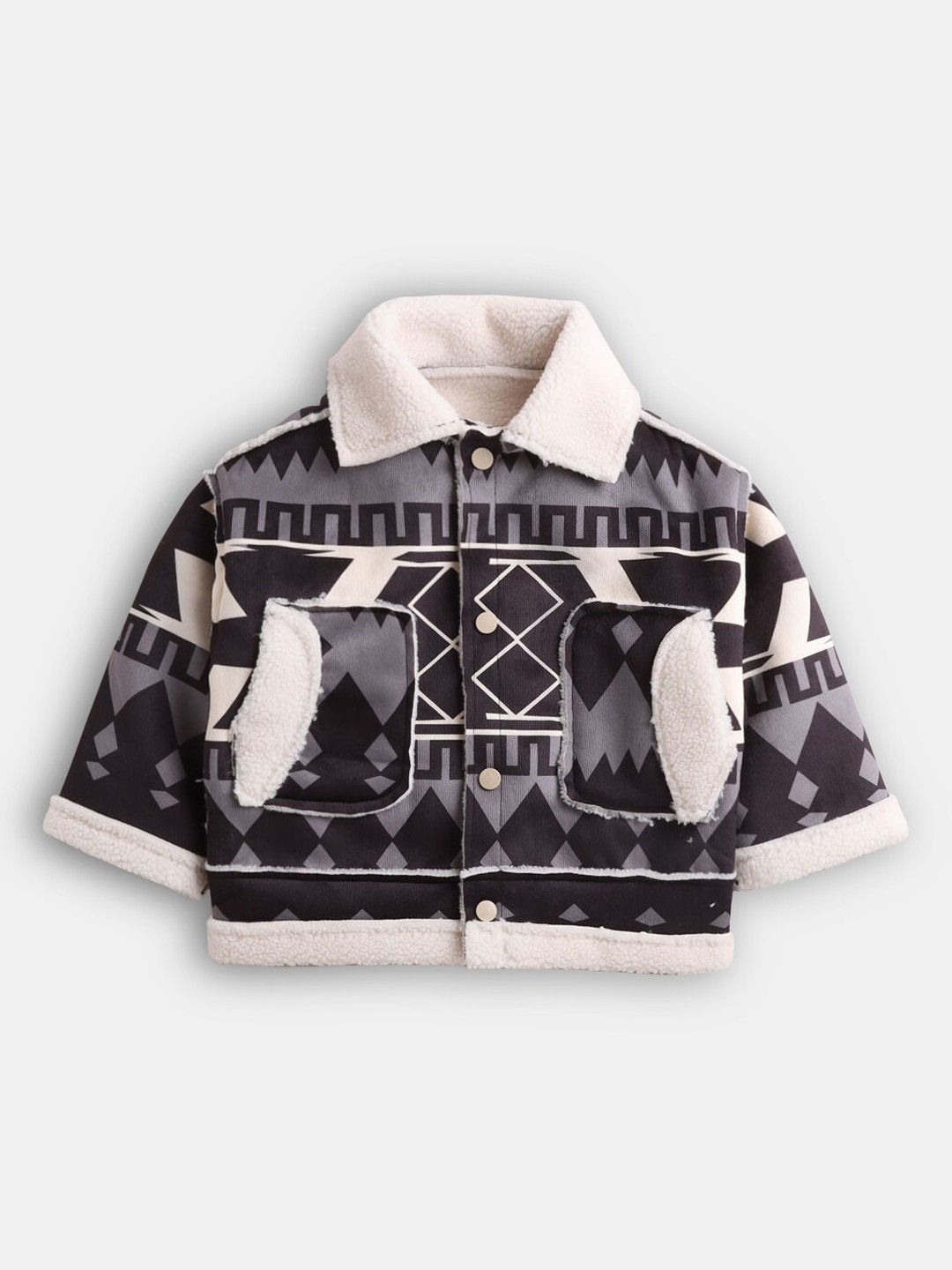 

Hopscotch Boys Black & Beige Printed Sherpa Coats