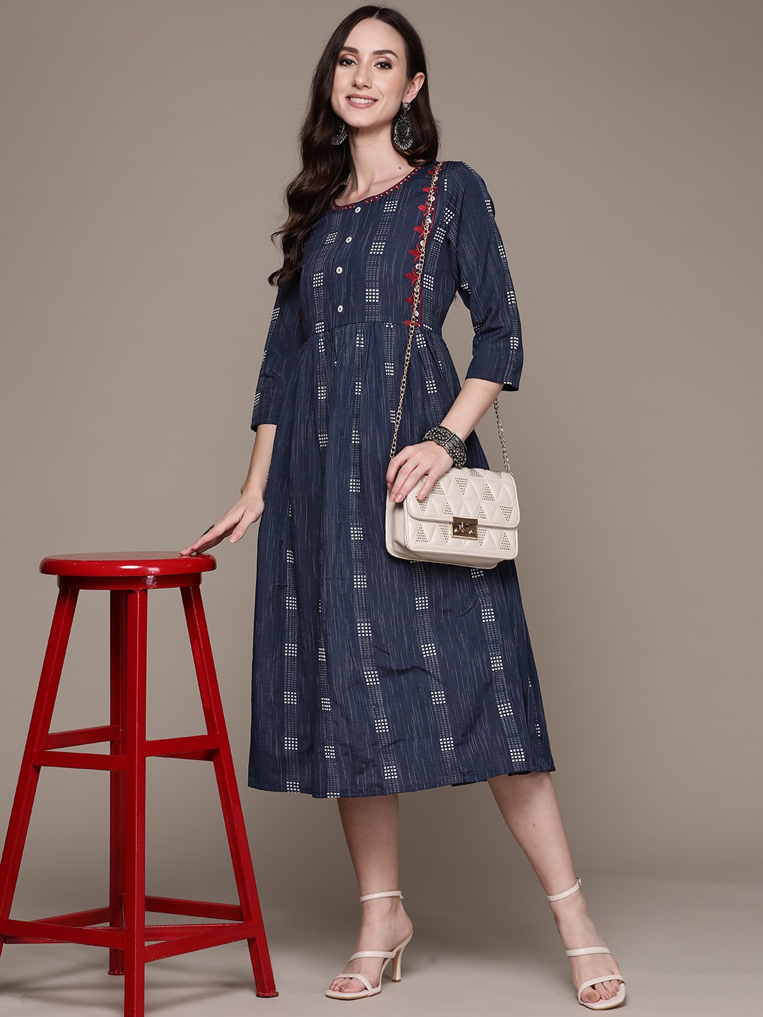 

Anubhutee Navy Blue Self Design Embroidered Detail Midi Dress