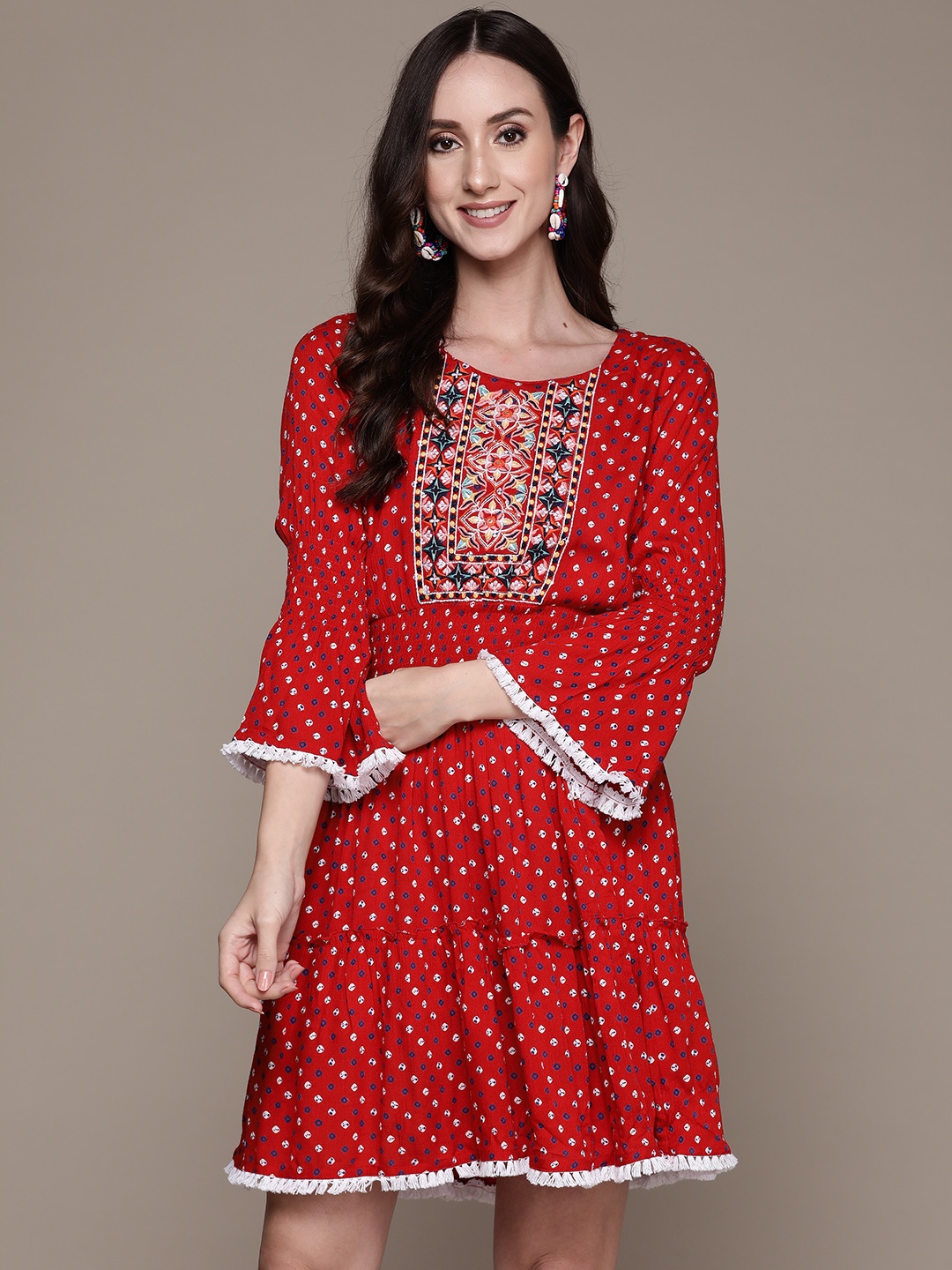 

Anubhutee Red Bandhani Print Embroidered Detail Ethnic Dress