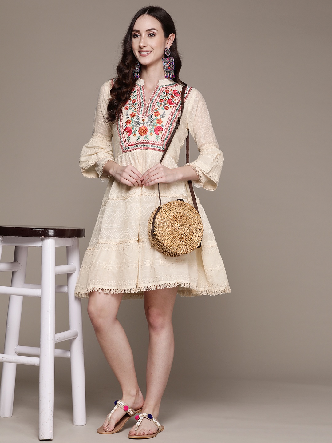 

Anubhutee Off-White Floral Embroidered Cotton A-Line Dress