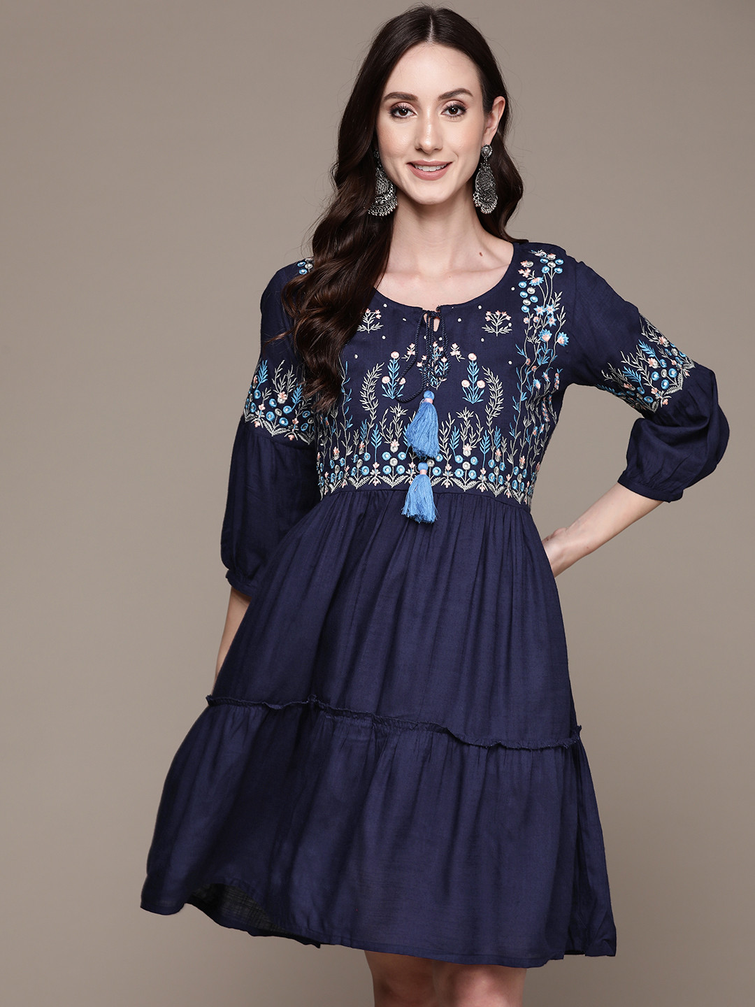 

Anubhutee Navy Blue Floral Embroidered Tassel Detail A-Line Dress