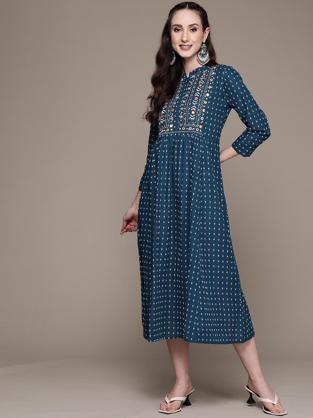 

Anubhutee Teal Blue Embroidered Mirrorwork Cotton A-line Midi Dress