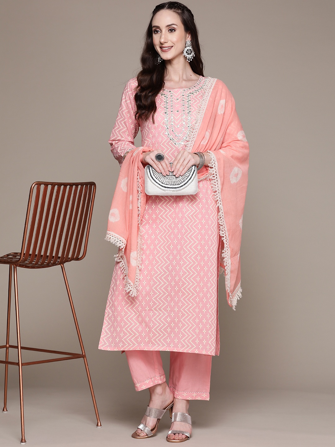 

Anubhutee Women Pink Bandhani Embroidered Kurta with Trousers & Dupatta