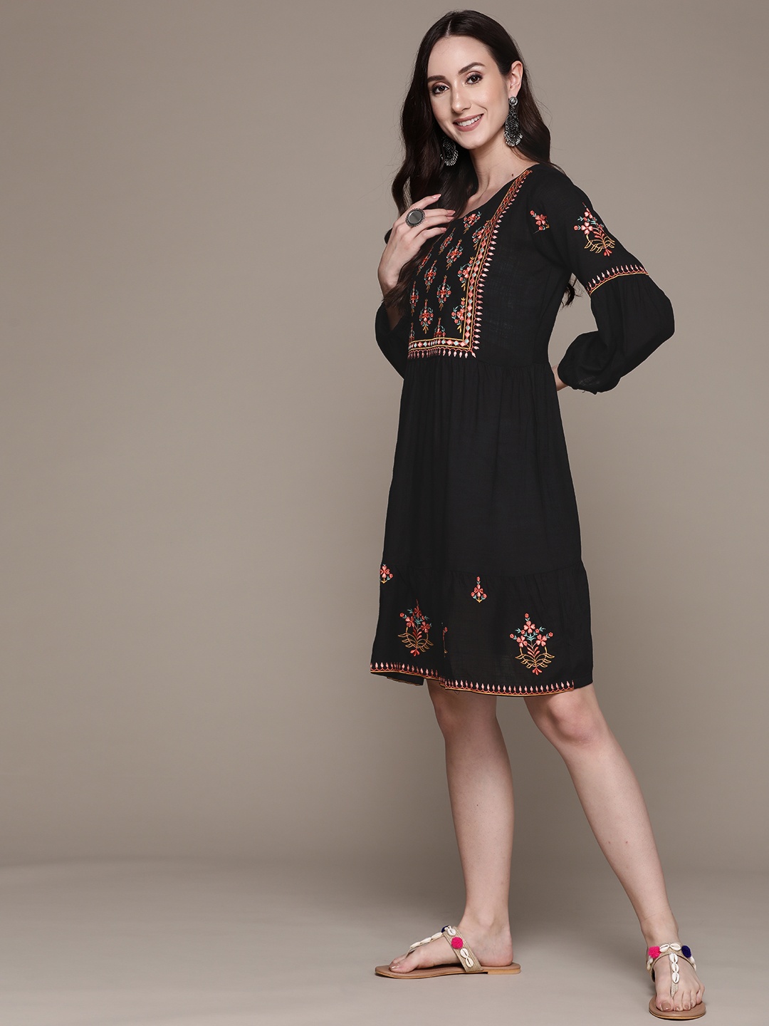 

Anubhutee Black Floral Embroidered A-Line Dress