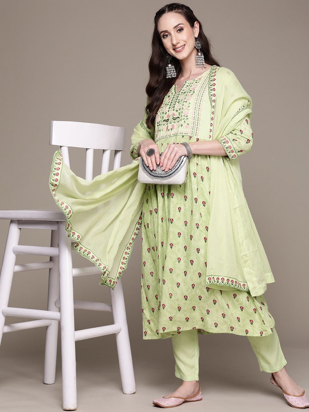 

Anubhutee Women Green Floral Embroidered Kurta with Trousers & With Dupatta