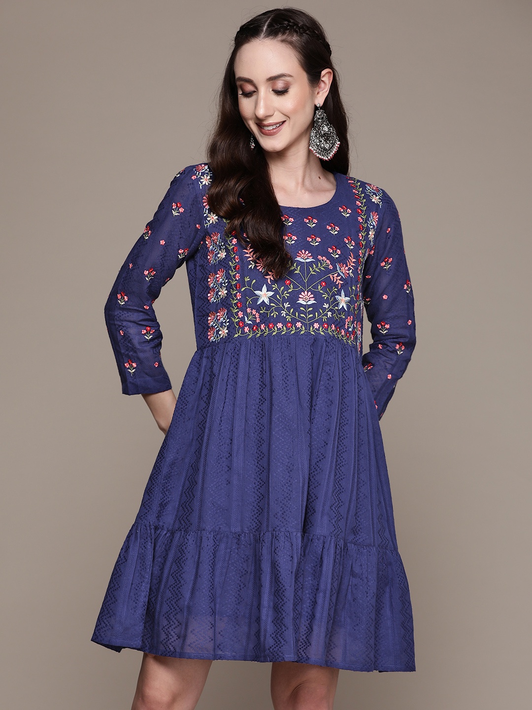 

Anubhutee Blue Floral Embroidered Cotton A-Line Dress