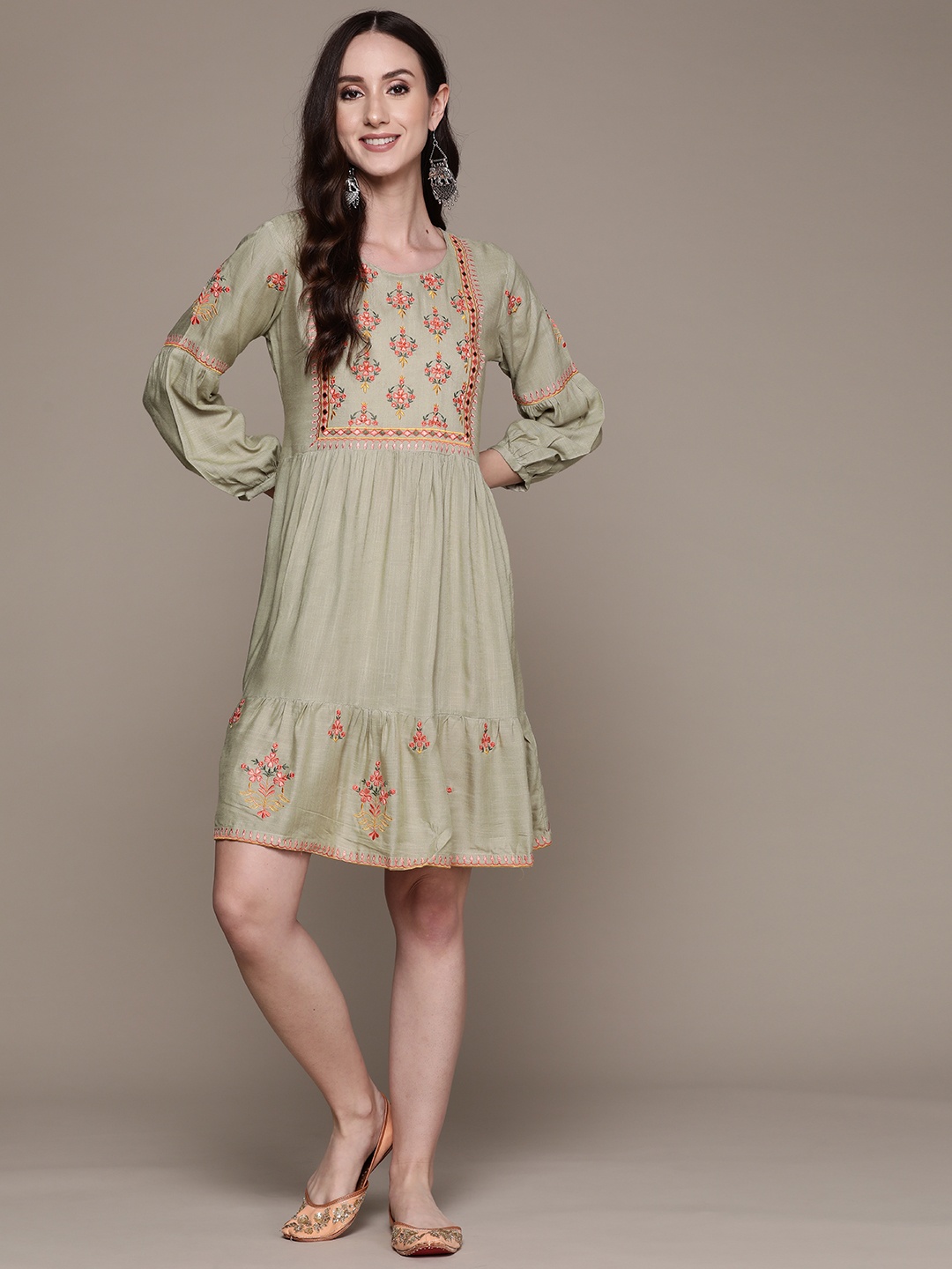 

Anubhutee Olive Green Ethnic Motifs Embroidered Dress