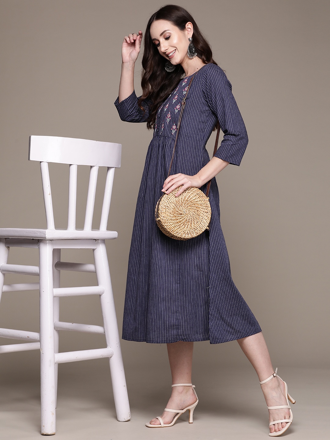 

Anubhutee Navy Blue & White Striped Embroidered Detail A-Line Midi Dress