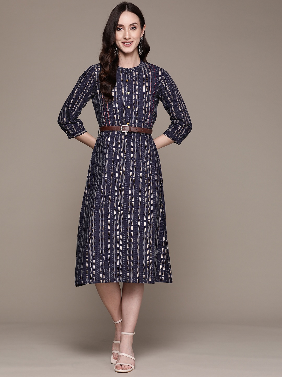 

Anubhutee Navy Blue Printed A-Line Midi Dress