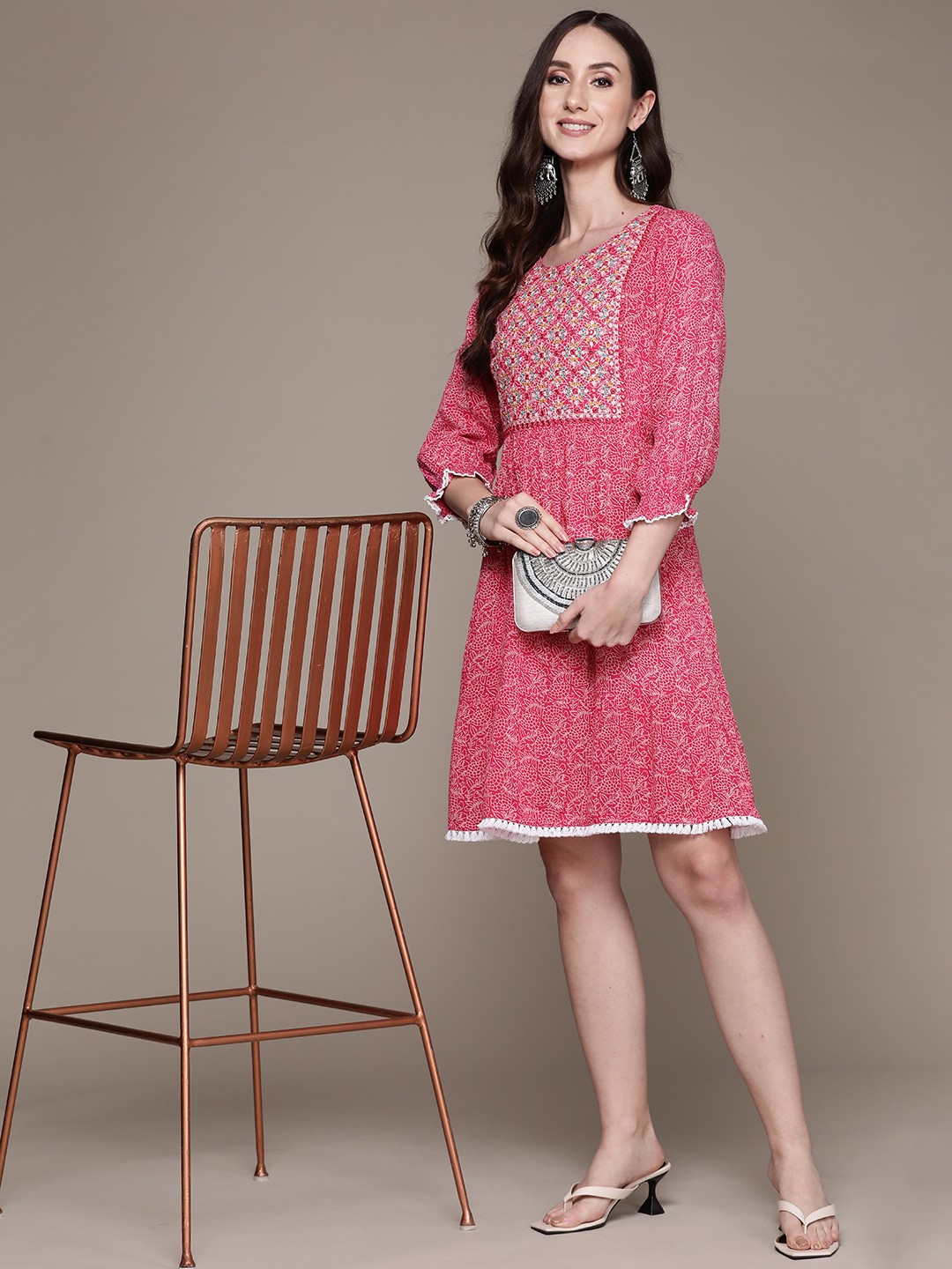 

Anubhutee Pink Embroidered Mirrorwork Georgette A-Line Dress