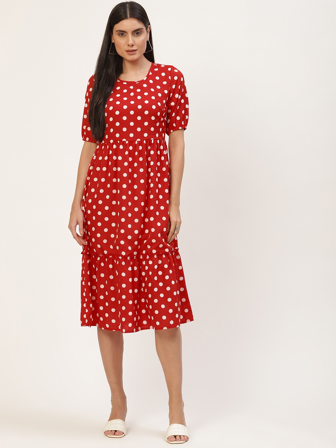 

BRINNS Red & White Polka Dots Crepe A-Line Midi Dress