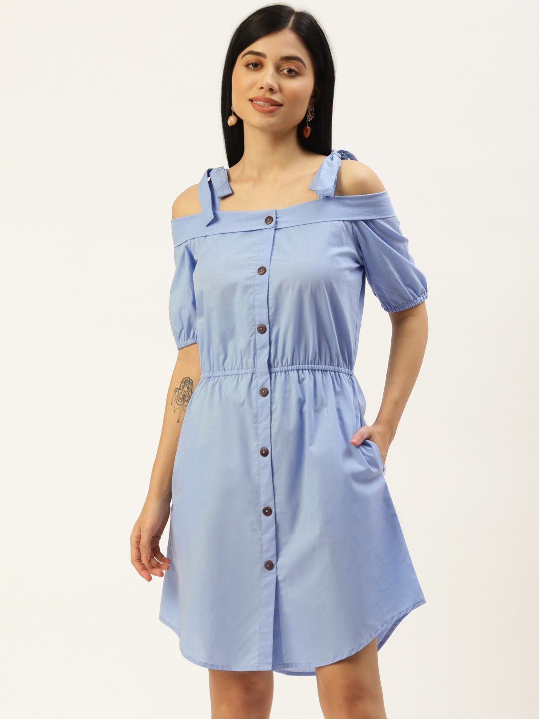 

BRINNS Blue Off-Shoulder A-Line Mini Dress