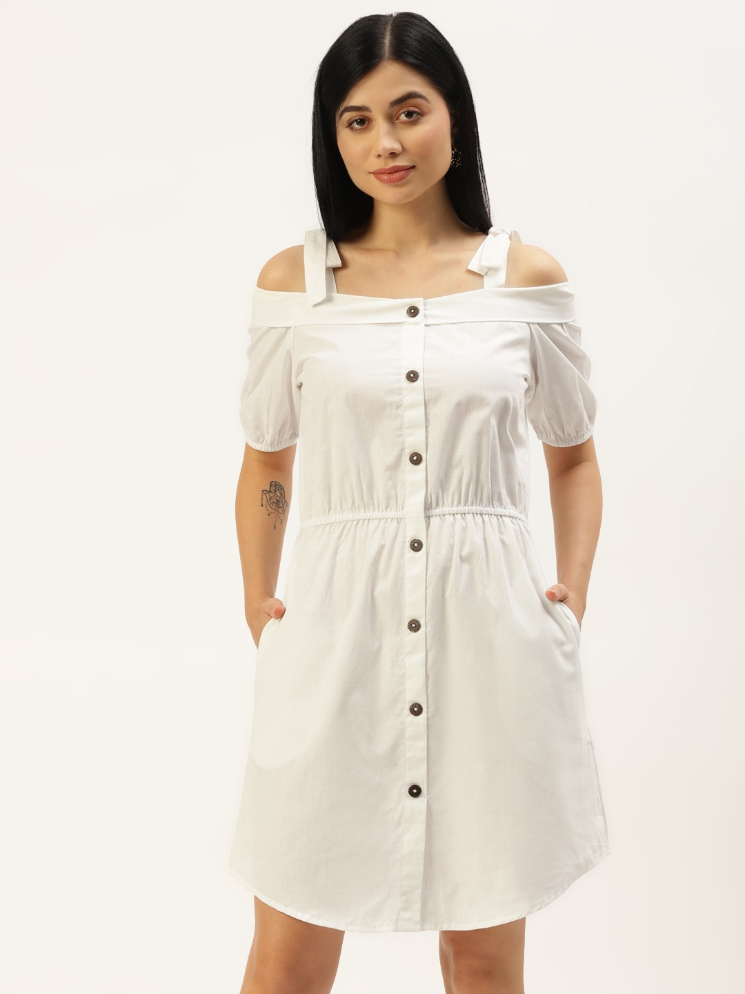 

BRINNS Off White Off-Shoulder A-Line Mini Dress