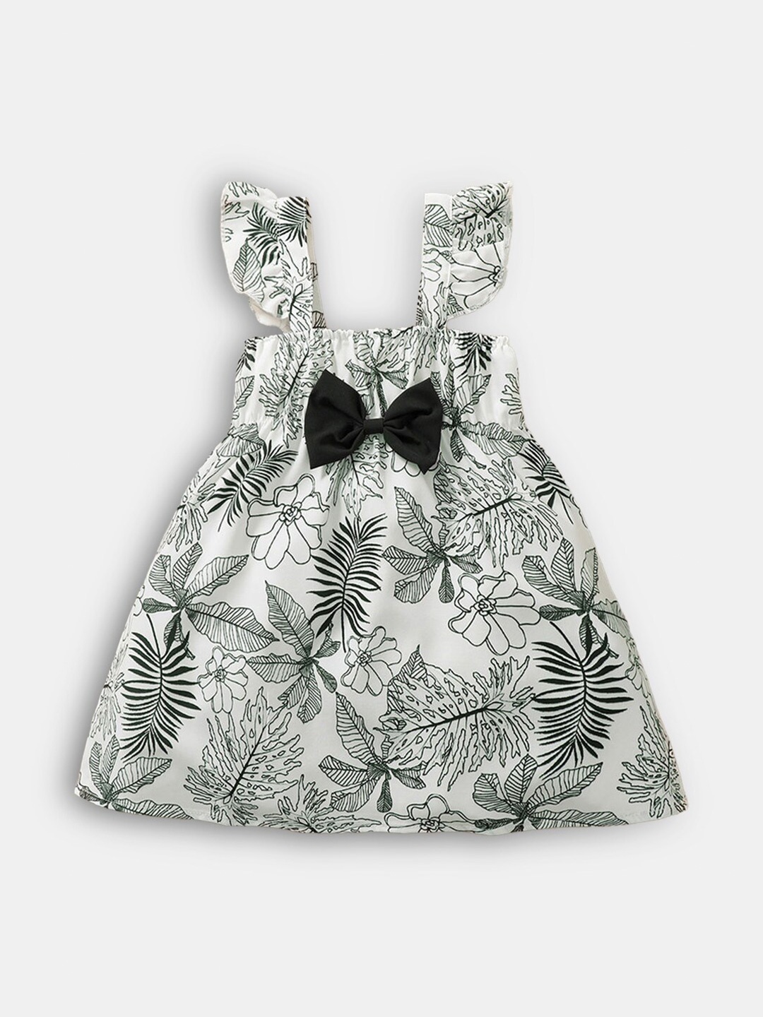 

Hopscotch Girls White & Green Tropical Printed A-Line Dress