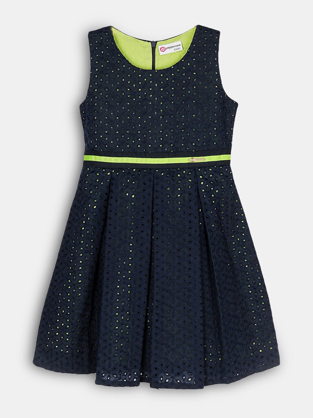 

Hopscotch Navy Blue Floral Embroidered Cotton Dress