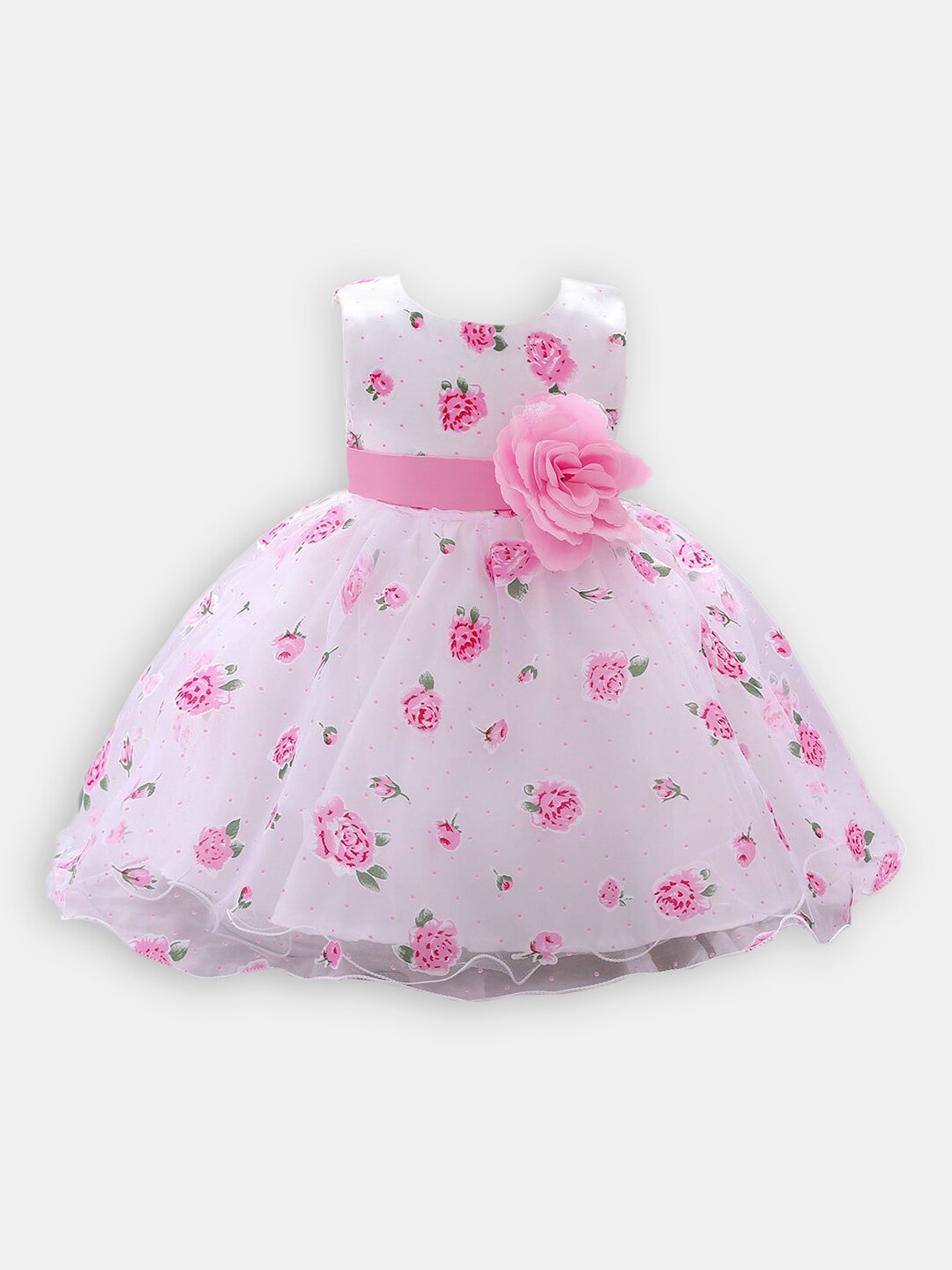 

Hopscotch White And Pink Floral Print Sleeveless Flower Applique Dress