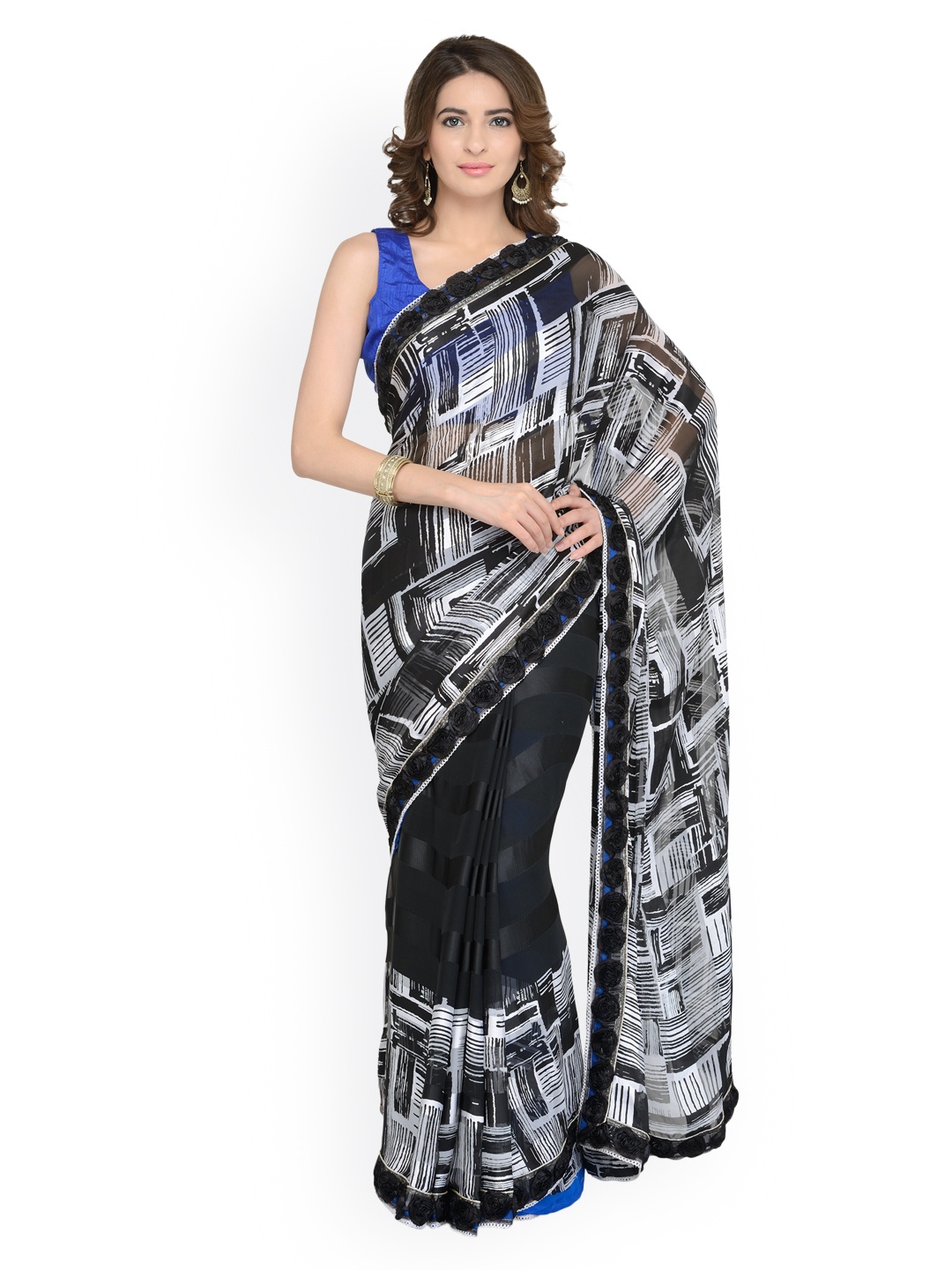 

Chhabra 555 Black & Grey Poly Georgette Printed Saree