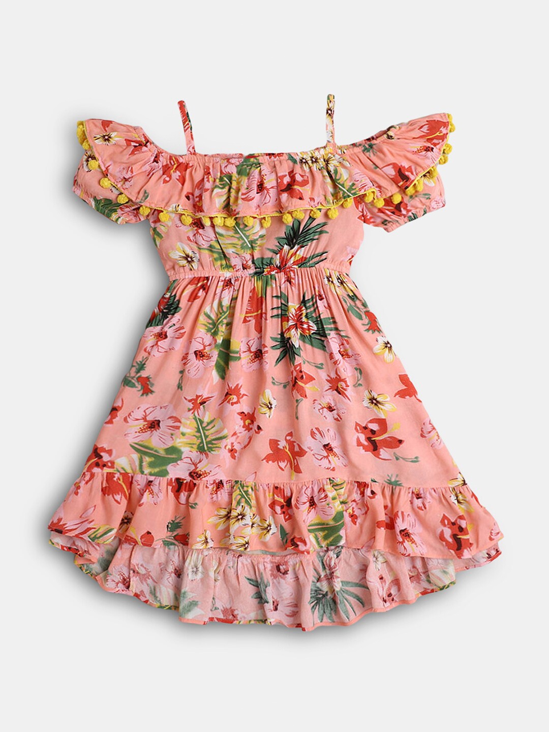

Hopscotch Girls Peach-Coloured & Green Floral Printed Dress