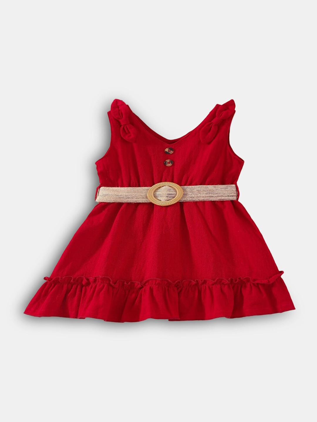 

Hopscotch Girls Red Solid Bow Applique Sleeveless Dress