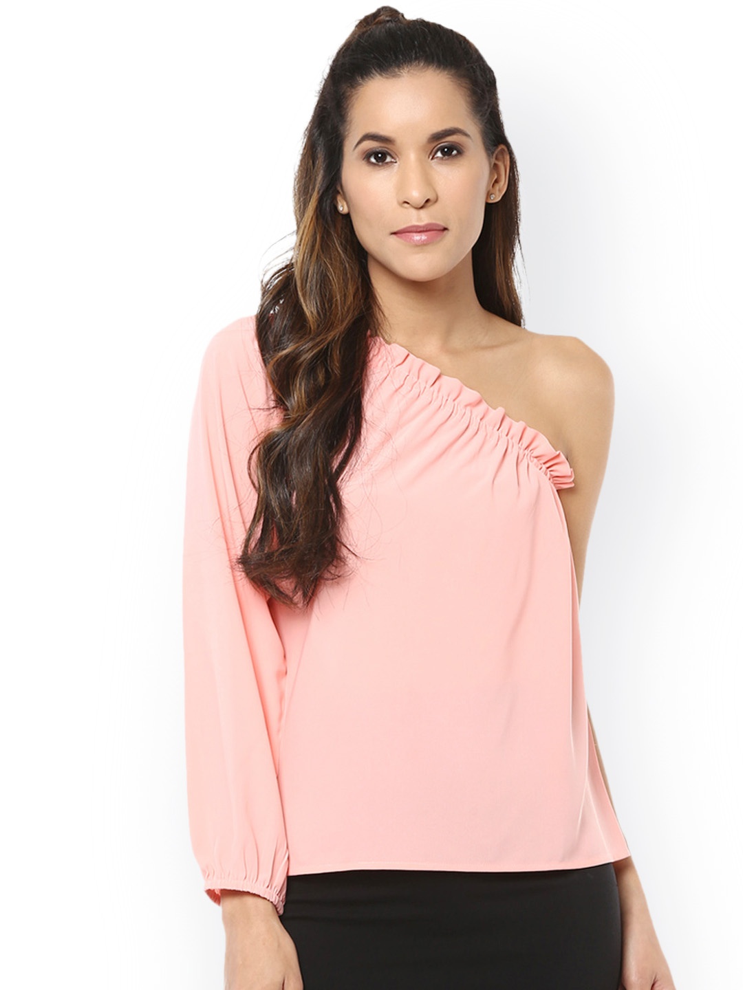 

Harpa Women Pink Solid One-Shoulder Top