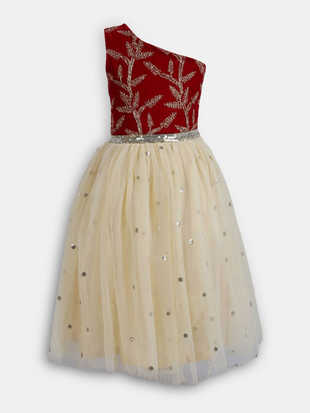 

Hopscotch Girls Maroon & Cream-Coloured Embellished Cotton One Shoulder Dress