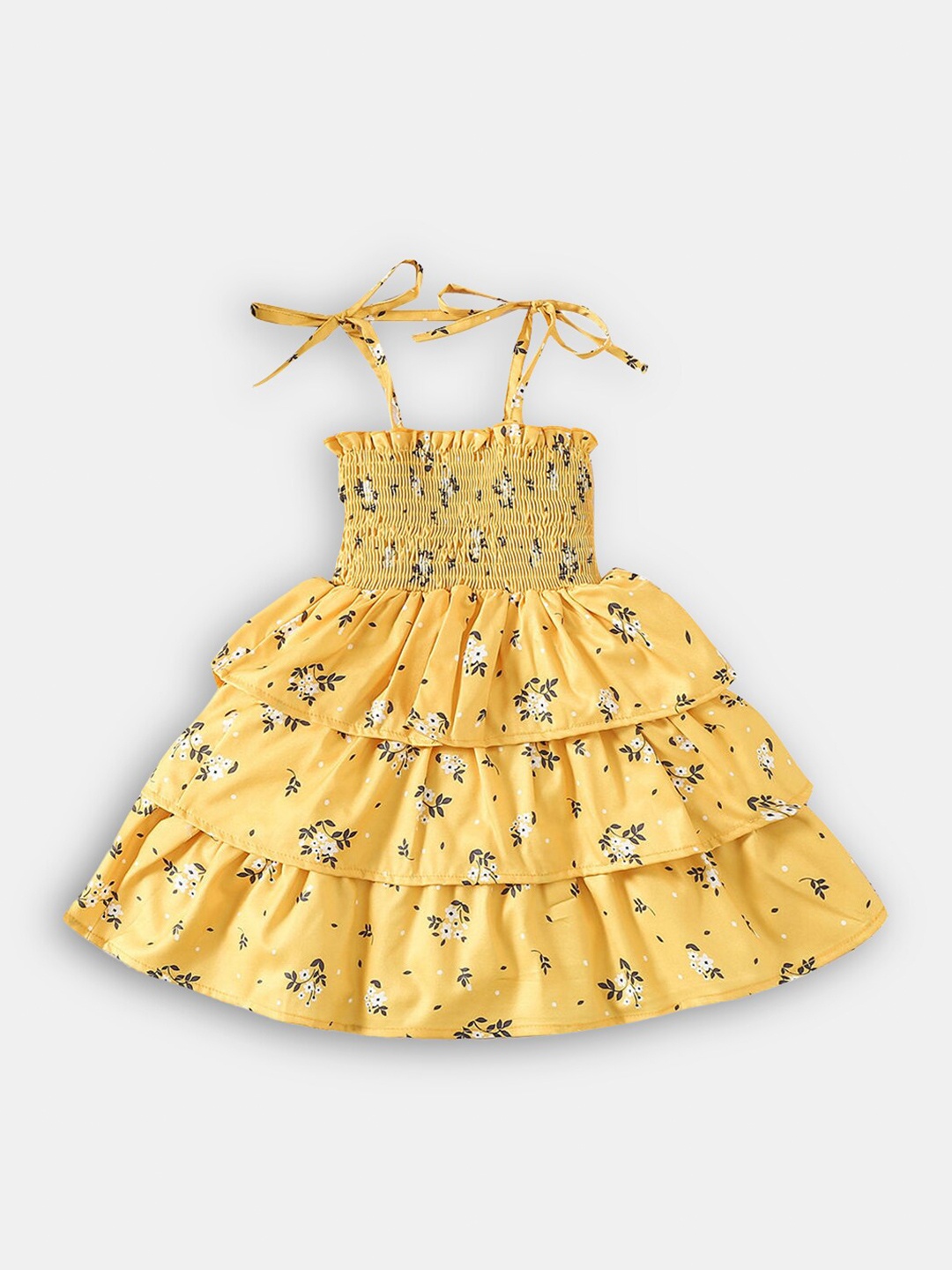 

Hopscotch Girls Yellow Floral Print Smoked Detail Dress