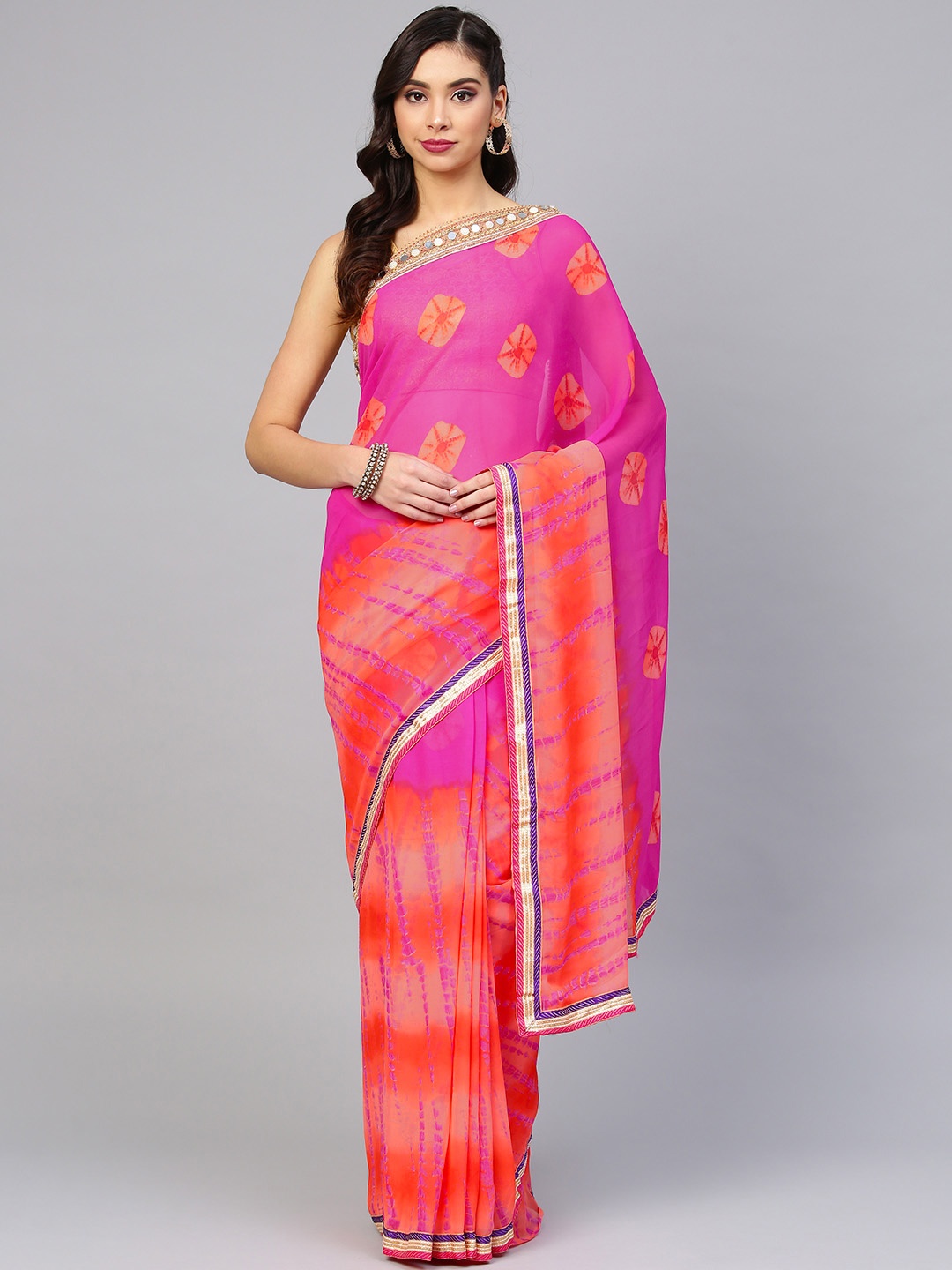 

Chhabra 555 Pink & Orange Poly Georgette Colourblocked Saree