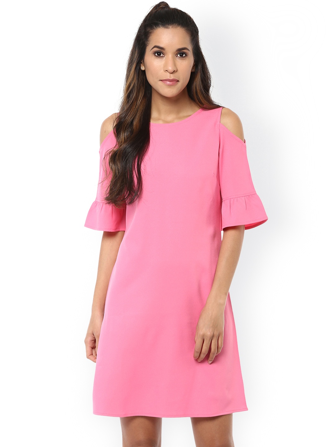 

Harpa Women Pink Solid Cold Shoulder A-Line Dress