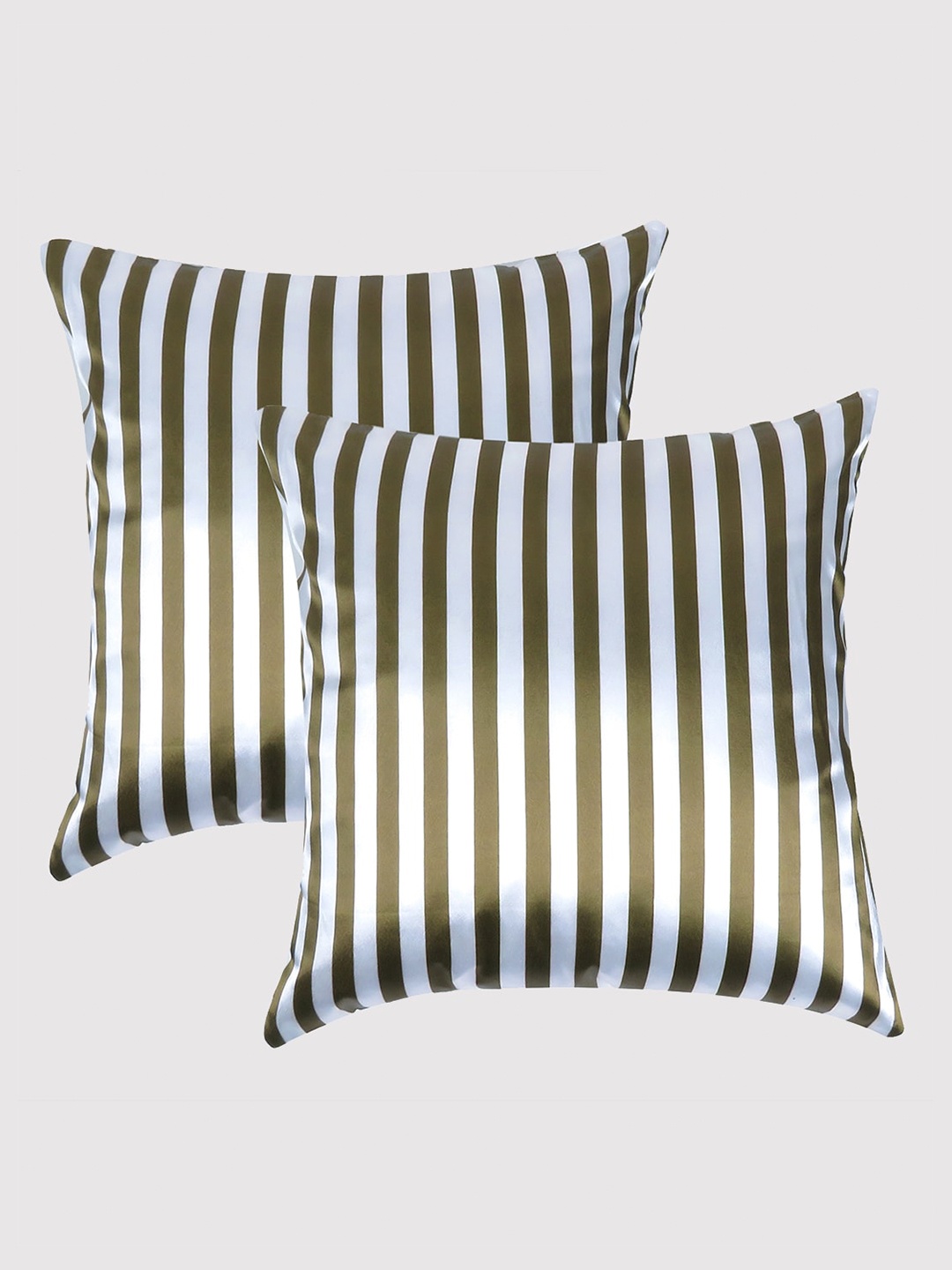 

OUSSUM Green & Off White Set of 2 Striped Satin Square Cushion Covers