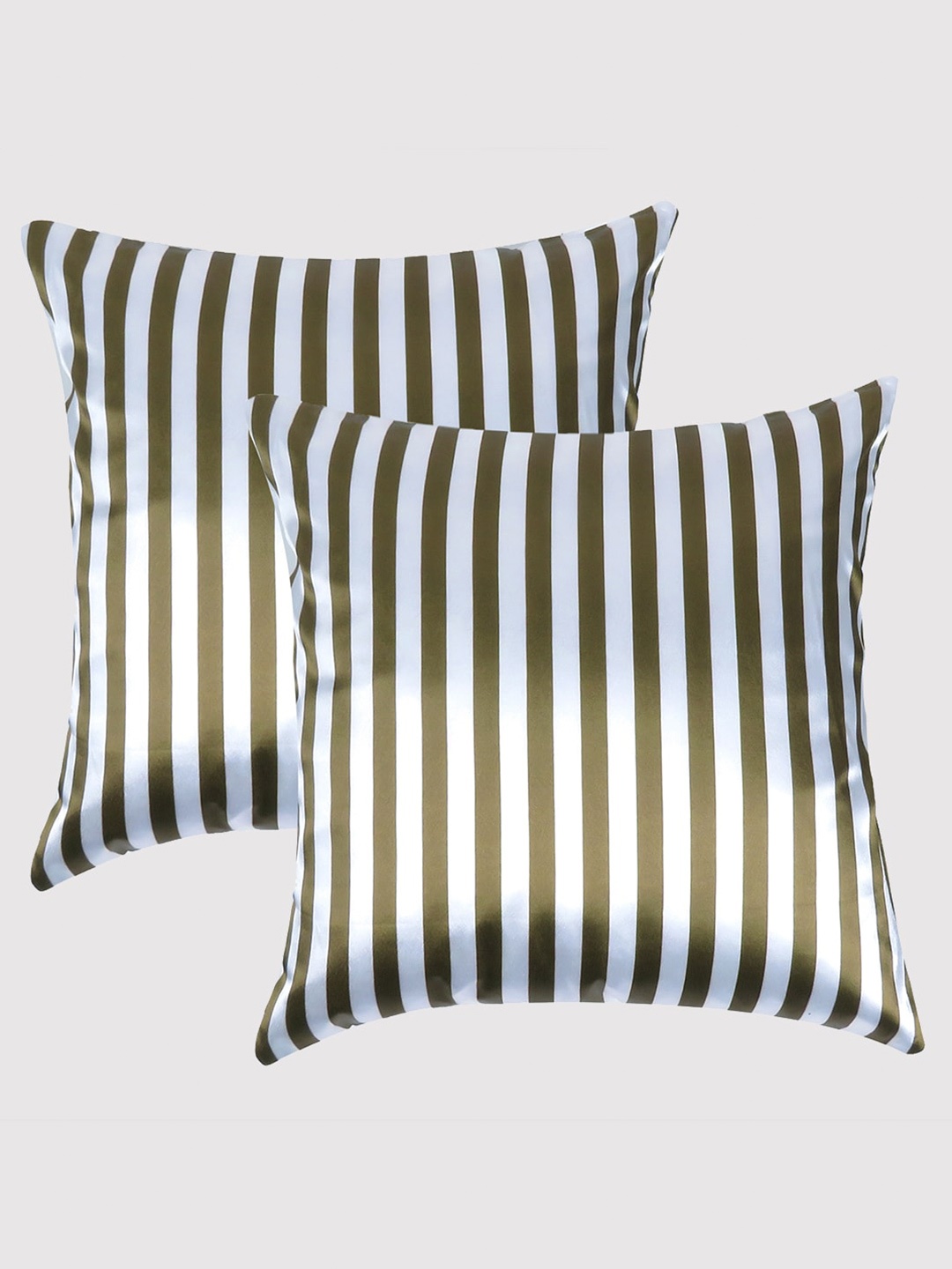 

OUSSUM Set of 2 Green And Off White Striped Satin Square Cushion Covers