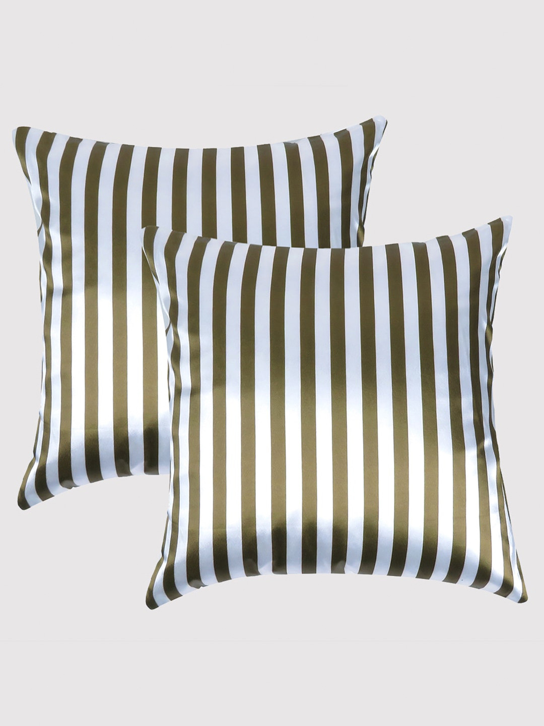 

OUSSUM Green & Off White Set of 2 Striped Satin Square Cushion Covers