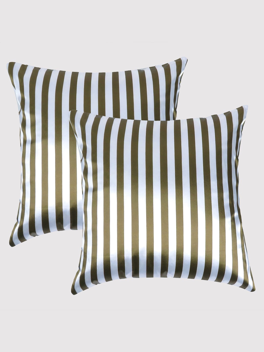 

OUSSUM Green & Off White Set of 2 Striped Satin Square Cushion Covers