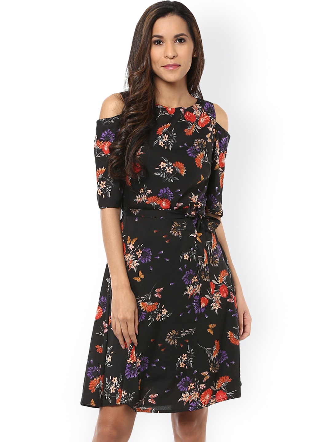 

Harpa Women Black Floral Print Cold Shoulder A-Line Dress