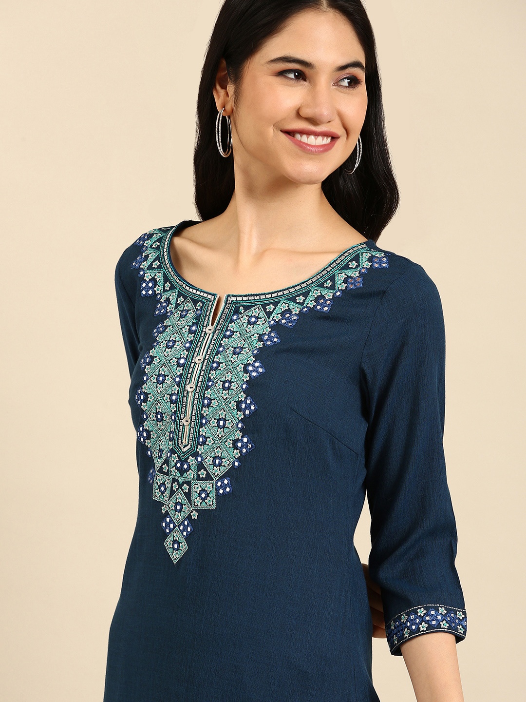 

RANGMAYEE Women Teal Blue & Green Ethnic Motifs Yoke Design Mirror Work Straight Kurta