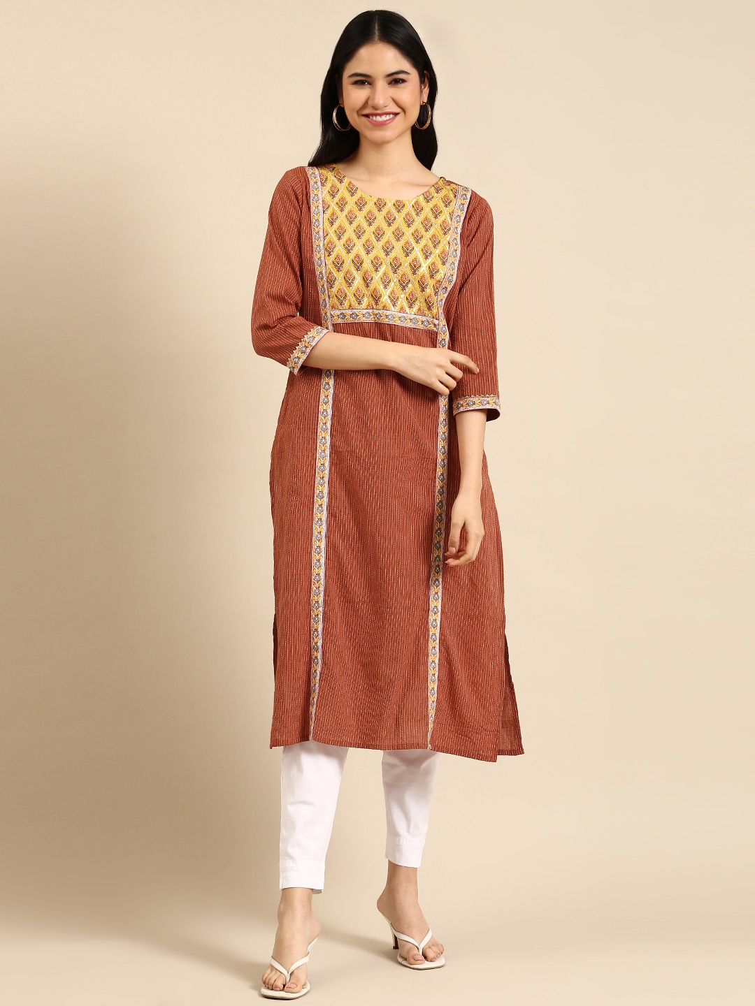 

RANGMAYEE Women Rust Brown & Mustard Yellow Floral Print Gotta Patti Cotton Straight Kurta