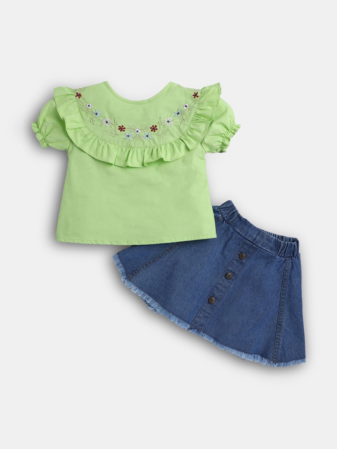 

Hopscotch Girls Green & Blue Embroidered Top with Skirt