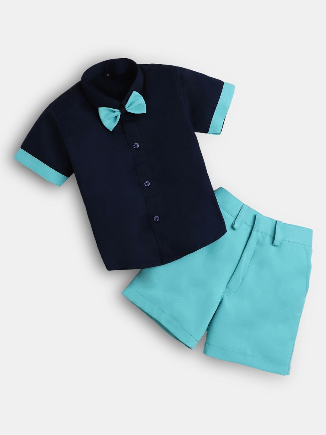 

Hopscotch Boys Navy Blue And Green Solid Shirt And Short Clothing Set