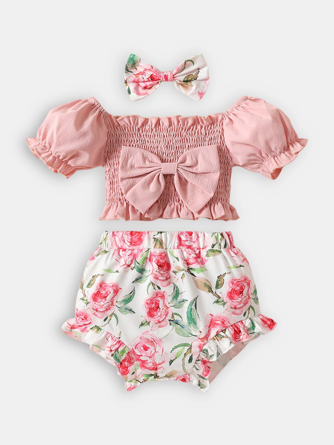 

Hopscotch Girls Pink & White Printed smocked detailing Top with Short