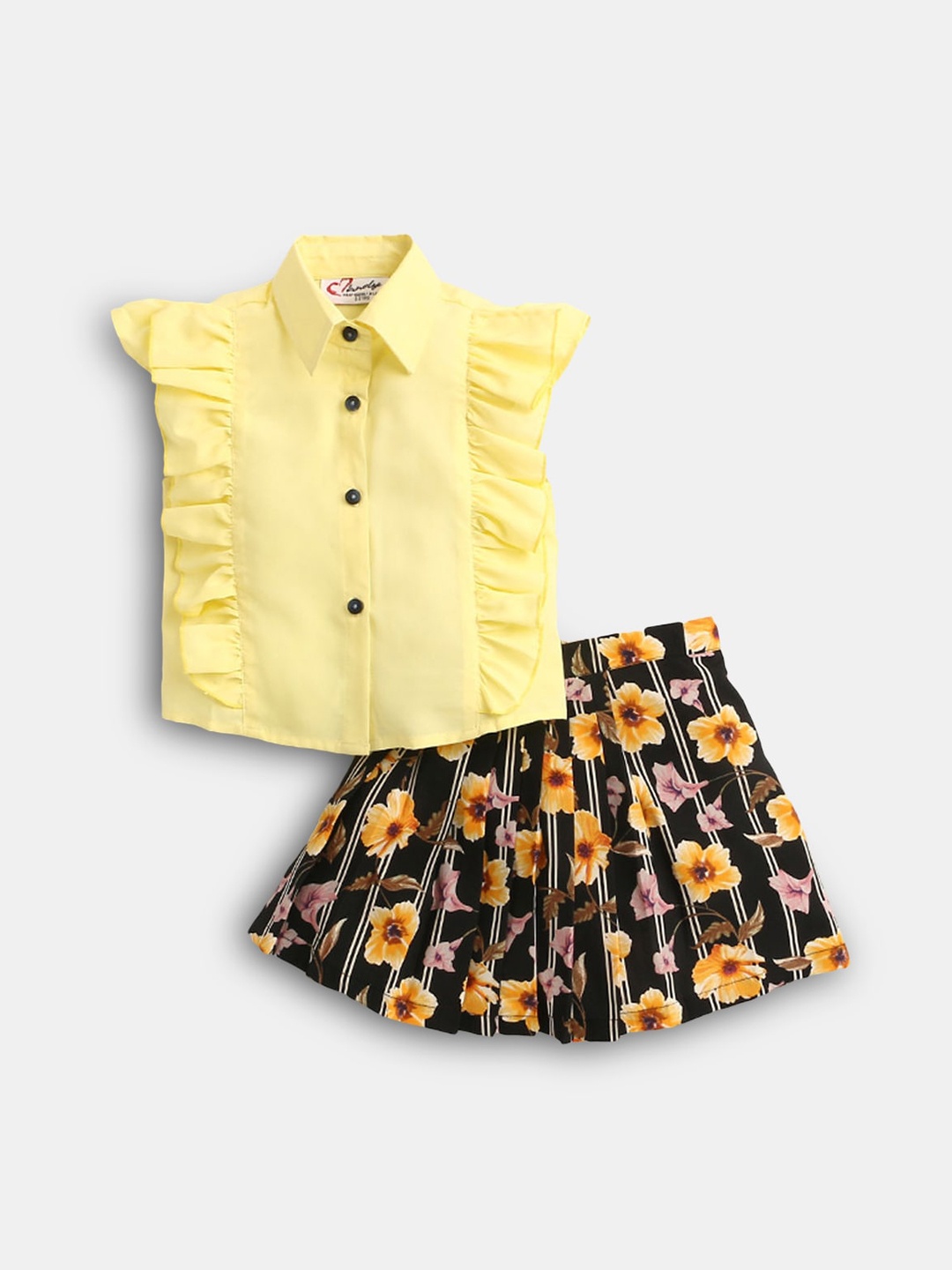 

Hopscotch Girls Yellow & Black Solid Shirt with Floral Skirt