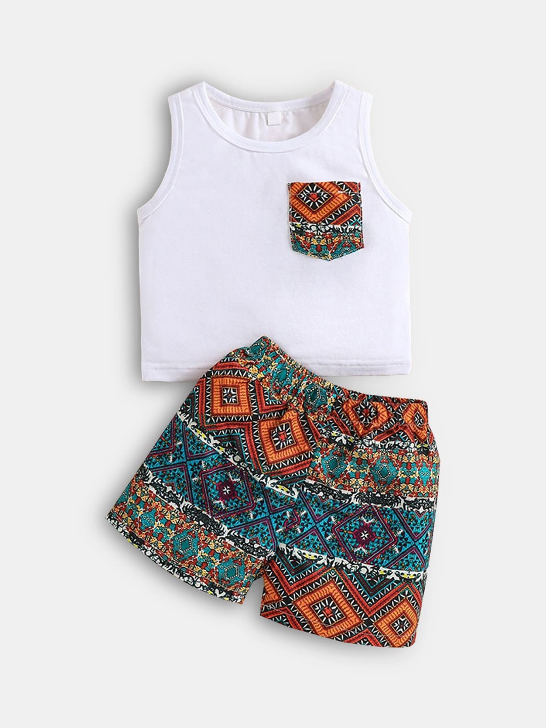 

Hopscotch Boys White & Orange Printed Top with Shorts