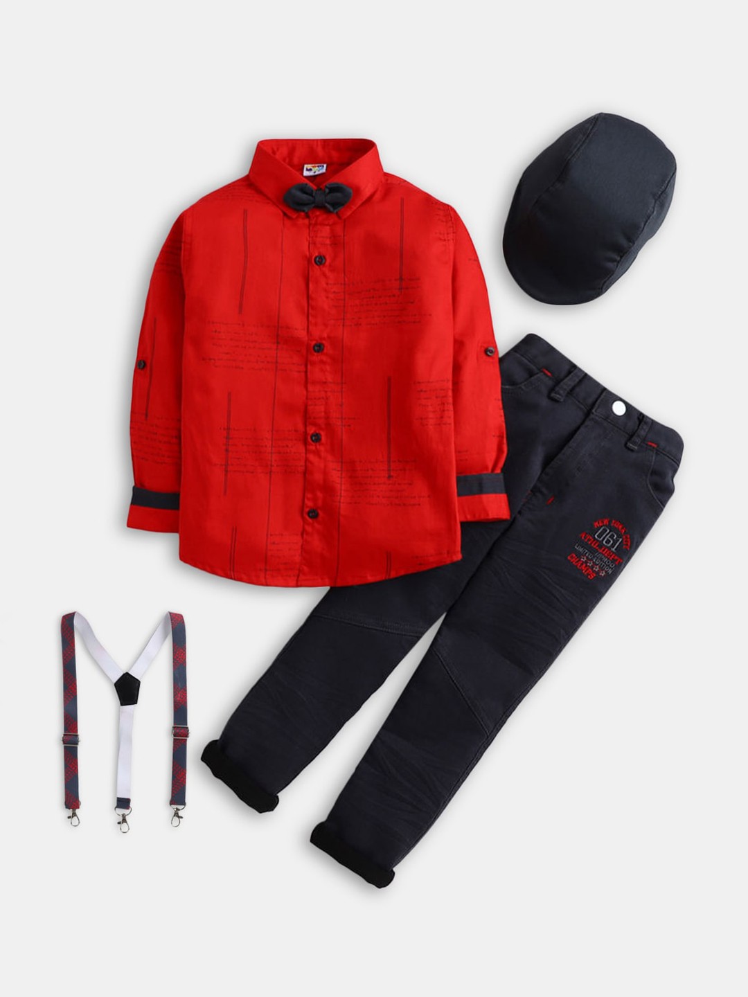 

Hopscotch Boys Red & Navy Blue Pure Cotton Shirt with Trousers with Suspender and Cap