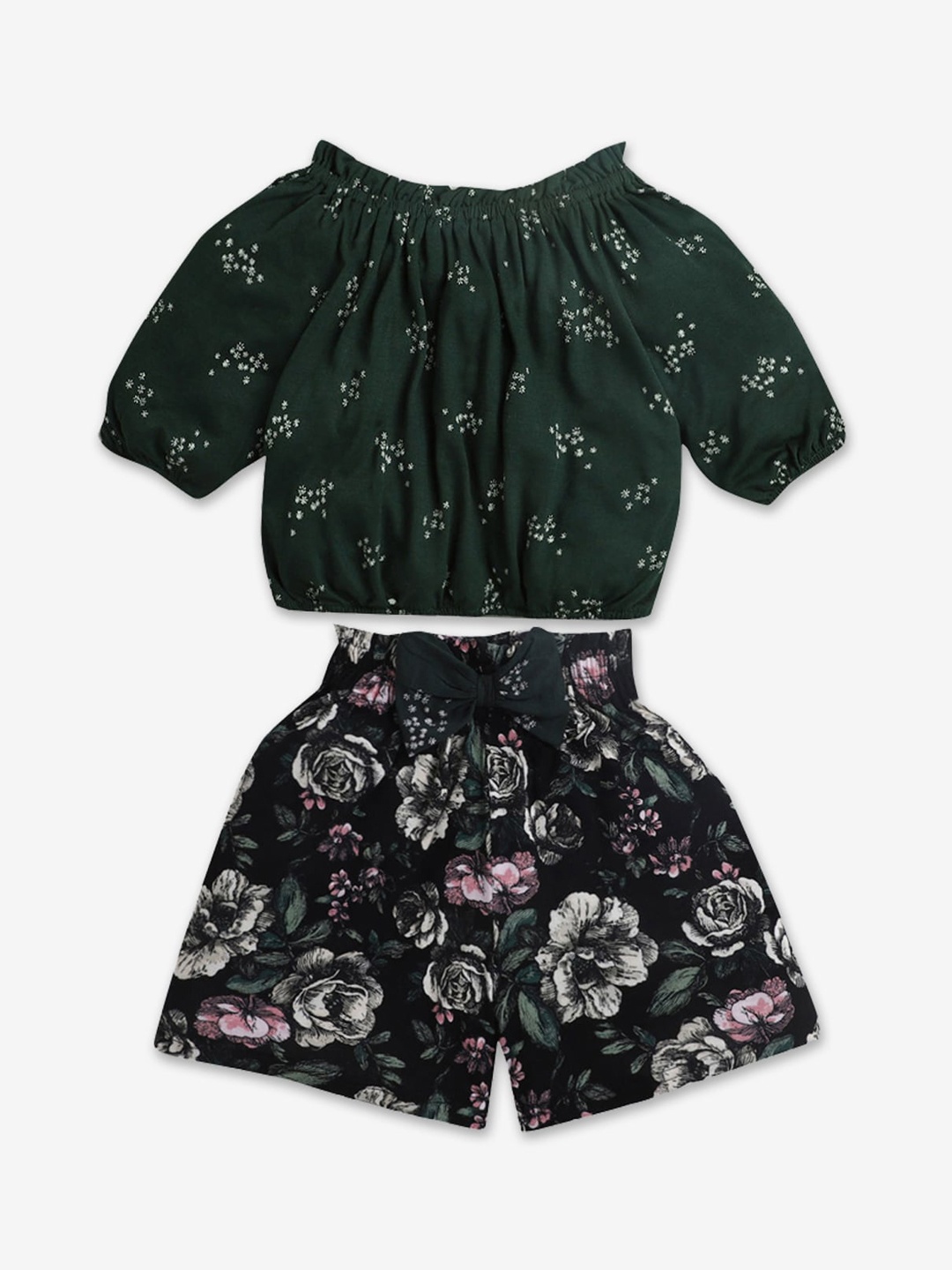 

Hopscotch Girls Green & Black Printed Top with Shorts
