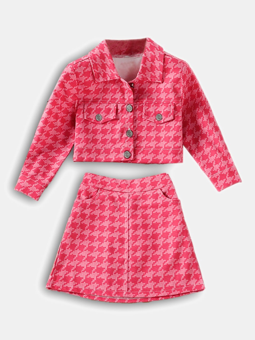 

Hopscotch Girls Pink Printed Pure Cotton Coat with Skirt